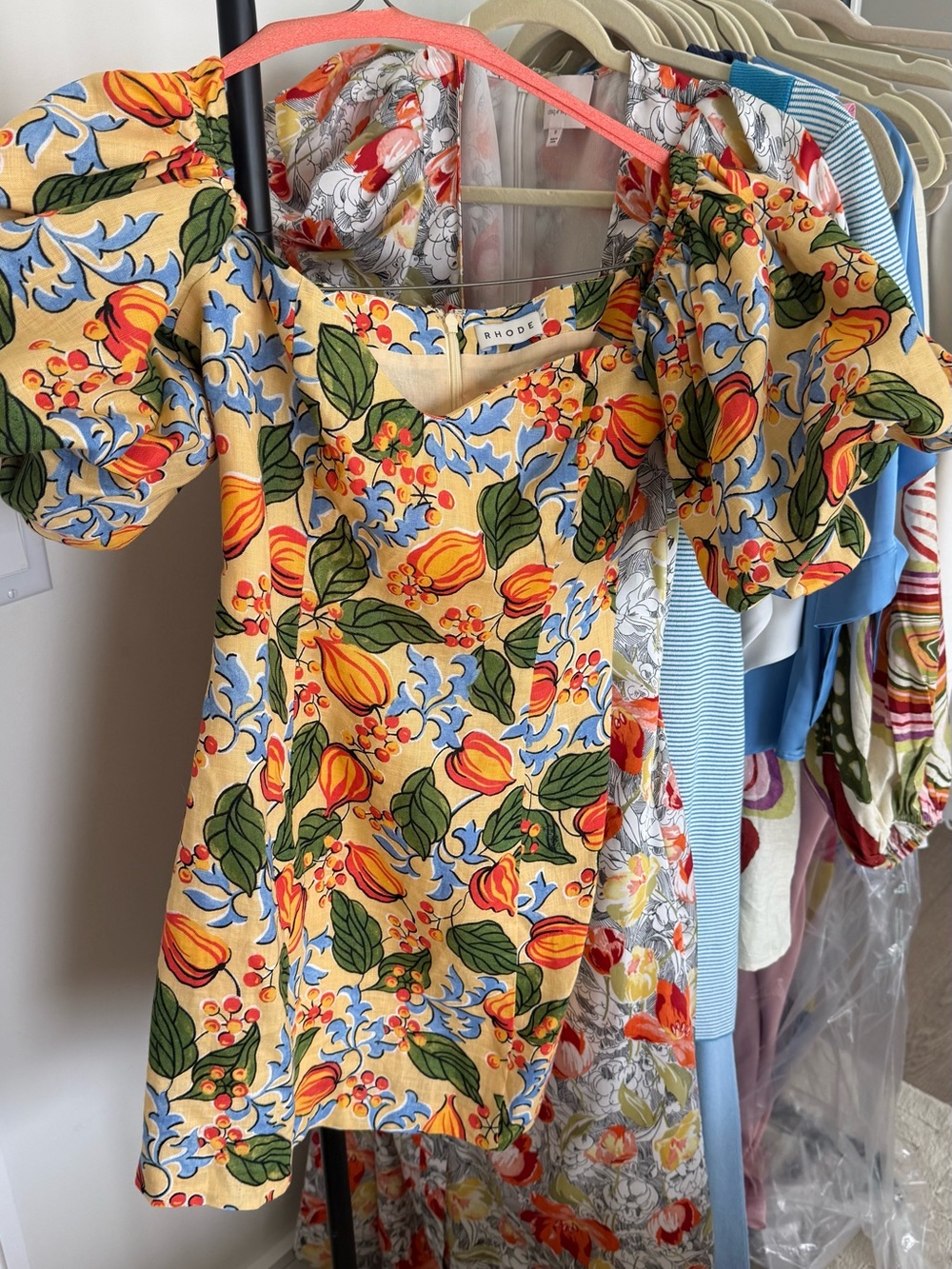 RHODE Yellow Floral Mini Dress with Green Leaves and Blue Accents